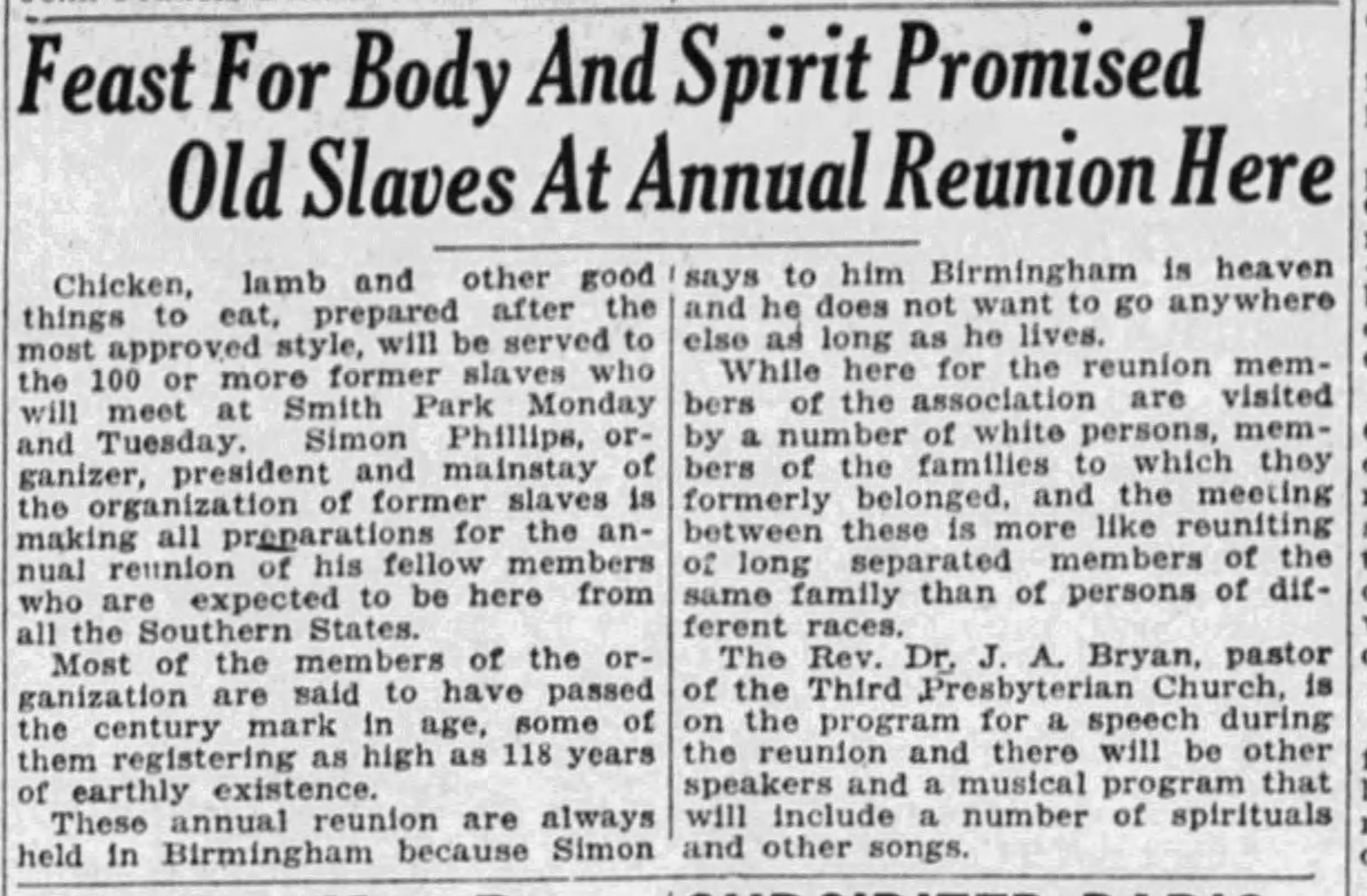 Feast for Body and Spirit Promised Old Slaves at Annual Reunion Here